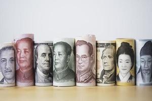 più valute internazionali di banconote su un tavolo di legno tra cui baht dollaro yuan vinto per il trasferimento di denaro e il concetto di scambio forex commerciale.