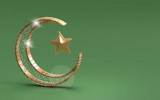 ramadan kareem 3d isolato con luna crescente dorata lucida su sfondo verde design moderno islamico foto