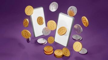 Concetto di rendering 3d di monete d'oro con b sulle monete che si riferiscono alla criptovaluta bitcoin e uno smartphone per il design commerciale. rendering 3d. foto