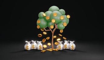 Concetto di rendering 3d di investimento. un albero dei soldi con monete che cadono e sacchi di denaro sullo sfondo. rendering 3d. foto