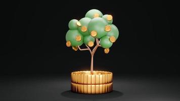 Concetto di rendering 3d di investimento. un albero dei soldi su una pila di monete sullo sfondo. rendering 3d. foto