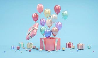 Rendering 3d di palloncini aperti scatola regalo con elemento coriandoli e mini regalo sullo sfondo in tema colorato