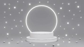 Concetto di rendering 3d di un podio bianco con stelle lucenti, palloncino rotondo, regali e un anello luminoso su sfondo grigio per il design dell'esposizione di prodotti commerciali. rendering 3d. foto