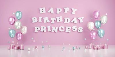 Concetto di rendering 3d di sfondo di compleanno carino. testo di buon compleanno principessa sul muro con palloncini e regali in tema rosa. rendering 3d. illustrazione 3d. foto