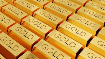 Concetto di rendering 3d di finanziario, pila di lingotti d'oro con testo oro su barre foto