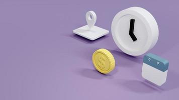 Concetto di rendering 3d di gestione del tempo e del denaro. un orologio, una moneta, un calendario e un simbolo di posizione sullo sfondo. rendering 3d. foto