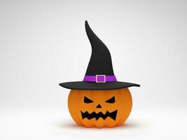 rendering 3D. zucca di Halloween che indossa un cappello da strega su sfondo bianco. felice sfondo di halloween foto