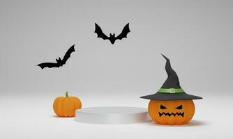 rendering 3D. zucca di Halloween che indossa un cappello da strega con podio a cilindro per l'esposizione del prodotto. scena minima astratta per lo sfondo di halloween foto