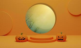 zucca di halloween, jack o lantern su sfondo arancione. esposizione astratta del prodotto della vetrina del podio. rendering 3d foto