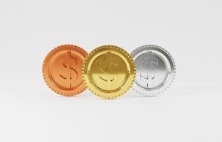 isolato di monete d'argento e bronzo in oro o dollaro su sfondo bianco, usd è il principale cambio di valuta nel mondo con rendering 3d. foto