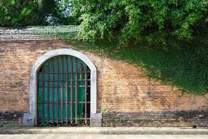 vecchia porta e muro di mattoni. foto