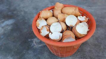 gusci d'uovo incrinati asciutti in un cestino di plastica per la produzione di fertilizzanti. foto