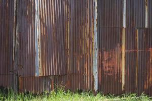 il vecchio muro di zinco ondulato arrugginito e consumato dalle intemperie e invecchiato con erba verde foto