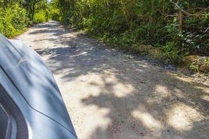 guida su strada di ghiaia nella giungla di tulum natura messico. foto