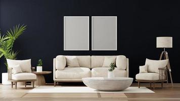 mock up cornice poster in interni moderni, soggiorno, stile scandinavo, rendering 3d, illustrazione 3d foto