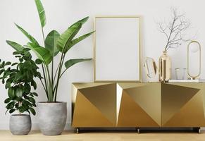 mockup di cornice per foto su tavola dorata con piante e decorazioni dorate in soggiorno. rendering 3D