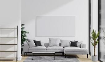 mockup di foto su tela in una stanza pulita e minimalista con divano grigio, tavolo e piante. rendering 3D
