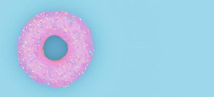 piatto gustoso ciambella smaltata rosa con spruzzi colorati su sfondo blu pastello colori banner con spazio per la copia.,Modello 3d e illustrazione. foto