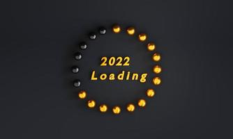 caricamento della palla d'oro dal 2021 al 2022 su sfondo nero per la preparazione buon natale e felice anno nuovo con rendering 3d. foto