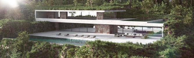 casa moderna con facciata e terrazza, piscina su sfondo verde foresta. design dell'architettura minimalista. 3d rendering illustrazione esterno. foto