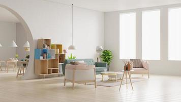 soggiorno bianco e sala da pranzo moderna con mobili in legno. foto