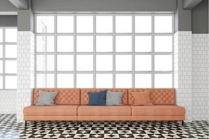soggiorno con divano in pelle arancione di lusso, finestre bianche e vetro trasparente, pavimento con motivi in marmo. rendering 3D foto