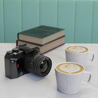 Rendering 3d primo piano caffè latte art su tavolo di marmo con fotocamera, libro foto
