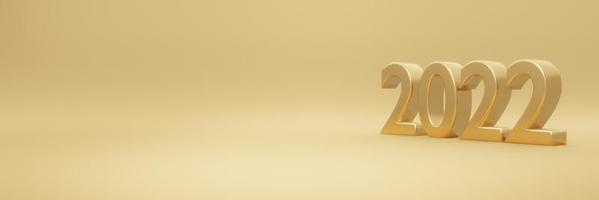 Concetto di rendering 3d di banner panoramico di felice anno nuovo testo 2022 con composizione su fondo oro. rendering 3d. illustrazione 3d. foto