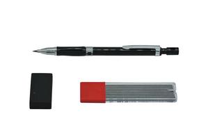 matita meccanica nera-grigia affilata isolata su sfondo bianco. matita tipo frizione meccanica, mina e gomma isolati su sfondo bianco foto