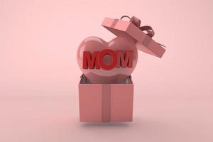 Festa della mamma 3D. confezione regalo con cuore rosa e testo mamma su sfondo pastello foto