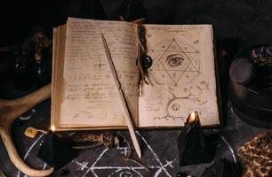 apri il vecchio libro con incantesimi, rune, candele nere sul tavolo delle streghe. concetto occulto, esoterico, divinatorio e wicca. foto