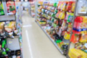 corridoio e scaffali del supermercato nella sfocatura dello sfondo foto