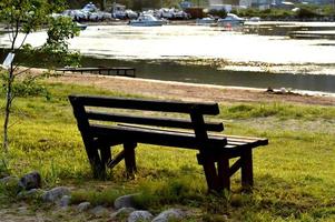 panca di legno marrone nel parco. giornata di sole estivo. erba verde e alberi. zona di riposo e relax. panca vuota per sedersi. materiale esterno in legno. bella panchina vicino al mare o al lago. foto