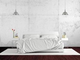 camera da letto principale minimalista con letto matrimoniale contro muro di cemento bianco - rendering 3d foto