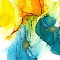 struttura dell'aria dell'inchiostro dell'alcool. sfondo astratto azzurro, blu, giallo, arancione con glitter dorati. flusso traslucido astratto. arte moderna fluida per il confezionamento, carta da parati foto