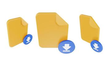 Icona di download del file di rendering 3d con carta arancione e download blu foto