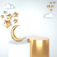 modello di saluto del ramadan kareem con la luna. podio, stare in vacanza sfondo chiaro per prodotti pubblicitari - 3d rendering illustrazione per carte, saluti. foto