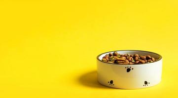 ciotola per alimenti per animali domestici con cibo granulato secco su sfondo giallo. il cibo per un gatto o un cane viene versato in una ciotola bianca. copia spazio.