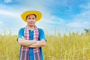 contadini asiatici in abiti e cappelli sono in un campo di risaie dorate. foto