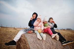 quattro bambini con frutta in mano seduti su un gallo di fieno al campo. foto