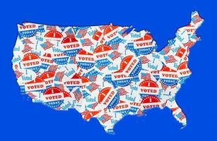 contorno della mappa degli Stati Uniti creato da molti adesivi o badge per il voto elettorale foto