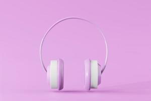 Cuffie audio 3D viola bianche con auricolari auricolari audio musicali astratti su sfondo viola. illustrazione del rendering 3d dell'audio della musica di concetto. foto