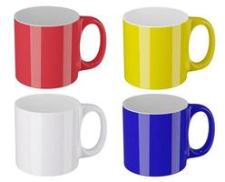 tazza rossa realistica tazza gialla tazza blu e tazza di caffè bianca per mock up isolato su sfondo bianco rendering 3d foto