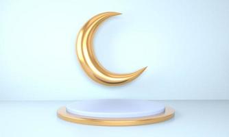 modello di saluto del ramadan kareem con la luna. podio, stare in vacanza sfondo chiaro per prodotti pubblicitari - 3d rendering illustrazione per carte, saluti. foto