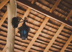 lampada da soffitto sospesa in stile vintage lampadina di colore arancione caldo con tonalità blu scuro. foto