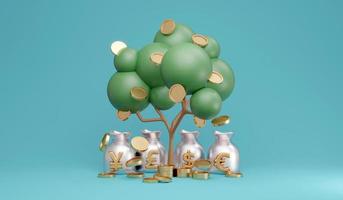 Concetto di rendering 3D di valute monetarie. albero dei soldi con monete e valuta fiat sulla borsa dei soldi sullo sfondo. simboli dollaro statunitense, sterlina inglese, euro, yen giapponese. rendering 3d. illustrazione 3d. foto