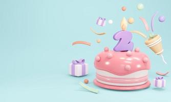 Rendering 3d di torta di compleanno pastello con candela numero 2 con spazio di copia su sfondo blu. illustrazione di rendering 3d. foto