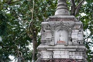 grande statua bianca del buddha con il vecchio muro di fondo. foto