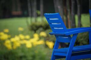 sedia mezza blu in giardino con fiore giallo sfocato sullo sfondo. foto