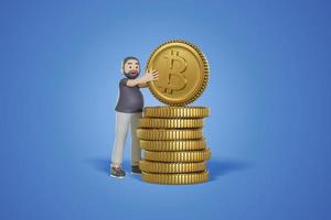 illustrazione di rendering 3d gli uomini stanno posizionando una gigantesca moneta crittografica. foto